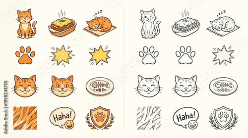 A collection of cute cartoon cat-themed icons and illustrations, including cats, paw prints, food, and decorative elements, presented in both color and outline versions.