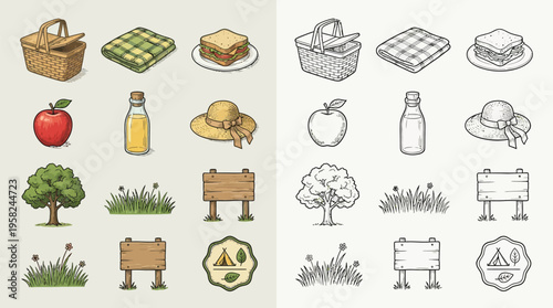 A collection of isometric illustrations depicting various elements commonly associated with a picnic outing, presented in both color and monochrome versions.