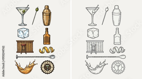A collection of colorful and monochrome illustrations of bar tools and ingredients for making cocktails, presented in a grid layout.