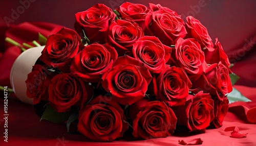 A Lush Bouquet of Deep Red Roses on a Satin Background.