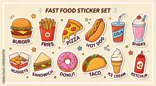 Fast food cartoon stickers set. Cute vector illustrations of Burger, Pizza, Fries, Soda and other. Cartoon food icons collection