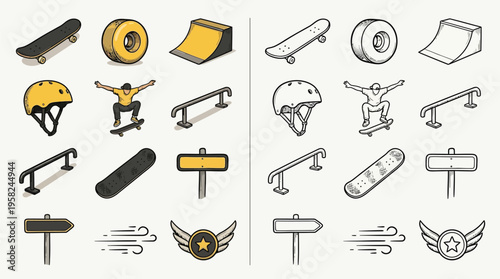 A collection of isometric illustrations depicting skateboarding and snowboarding equipment and elements, presented in both colored and line-art styles.