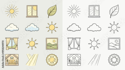 Collection of hand-drawn icons depicting sunny weather, windows, nature, and cozy indoor scenes, presented in both color and outline versions.