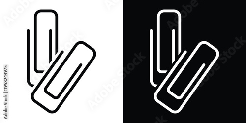 Vector line icon of two overlapping paperclips. Minimalist office supplies symbol in black and white versions. Professional attachment, document organization, and stationery tool graphic.