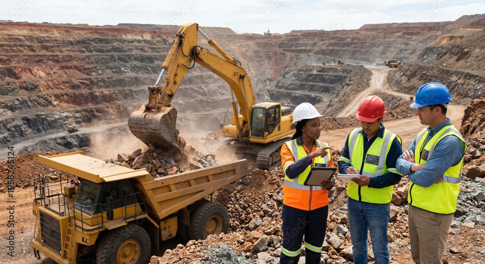 Fototapeta premium Engineers discussing project near an excavator at an open pit mine.