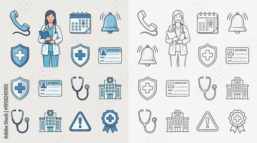 A collection of medical and healthcare icons presented in both color and outline versions, featuring elements like doctors, hospitals, and medical equipment.