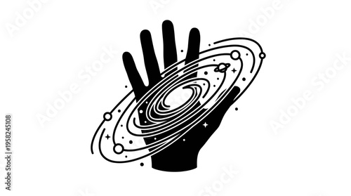 Minimalist Hand Silhouette with Galaxy Line Art, Cosmos Connection Monochrome Vector