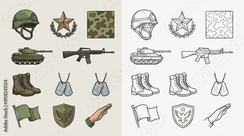 Collection of military icons and symbols, featuring helmets, weapons, vehicles, and insignia in both color and outline styles.