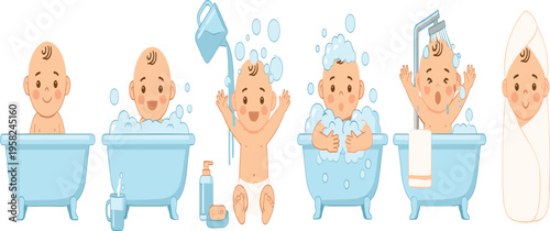 Baby Bathing Sequence Vector Illustration with Infant Washing Steps Foam Rinsing and Towel Wrapping for Hygiene and Childcare Design.