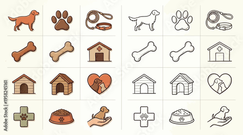 Collection of colorful and outline icons representing various dog-related items and symbols, including dogs, bones, houses, and veterinary symbols.