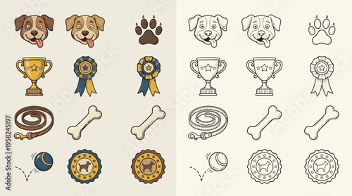 Collection of dog-related icons including dog faces, paws, trophies, leashes, bones, balls, and rosettes, presented in both color and outline styles.