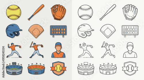 Collection of baseball icons and illustrations, including equipment, players, and stadiums, presented in both color and outline styles.