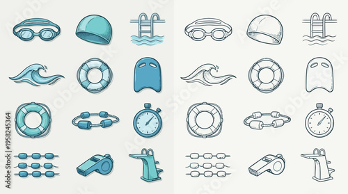 Collection of swimming equipment icons, including goggles, caps, kickboards, lifebuoys, stopwatches, and whistles, presented in two distinct styles.
