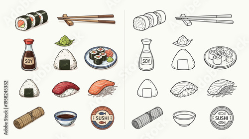 A collection of Japanese food items, including sushi rolls, onigiri, and sashimi, presented in both colored and line-art styles.