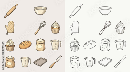 Collection of baking ingredients and tools, presented in two distinct styles: one with color and detail, the other as simple line art.