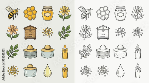 A collection of colorful and line-art illustrations related to beekeeping and honey production, featuring bees, honeycombs, beehives, flowers, and honey jars.