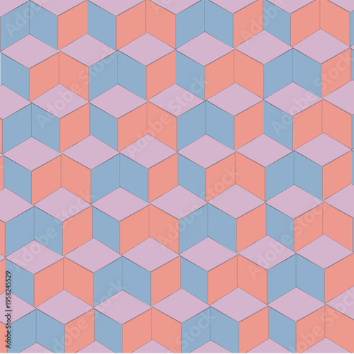 A continuous tessellation of pastel rhombus shapes creates a repeating optical illusion of tumbling 3D blocks