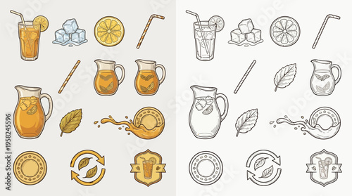 Collection of colorful and monochrome illustrations of refreshing summer drinks, ice cubes, citrus slices, and decorative elements.