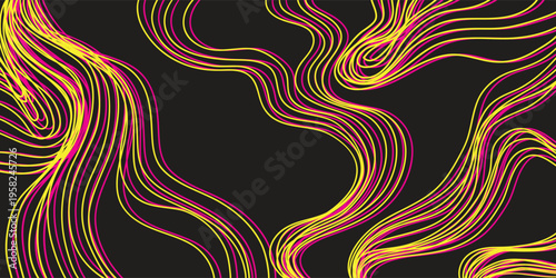 Abstract yellow and pink curved lines on dark background suitable for modern graphic designs, concept art, wallpapers, and digital backgrounds.