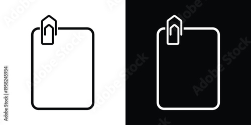 Line icon of a paper sheet with a paperclip and pencil. Minimalist stationery symbol for note-taking, document editing, and office tasks. Clean vector graphic for business and education.