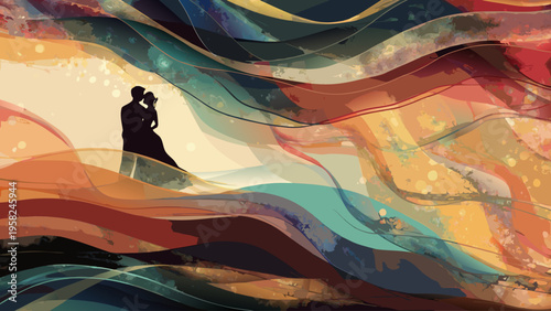 A couple embracing in a colorful abstract background