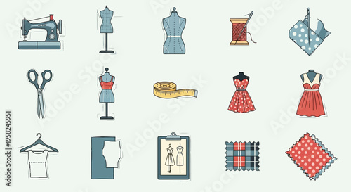 Sewing and fashion design tools icons.