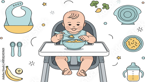 Baby Eating in High Chair Vector Illustration with Infant Feeding Puree Spoon Bowl Bib and Healthy Food Elements for Child Nutrition Design.