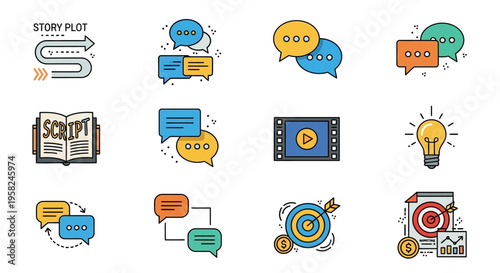 Colorful speech bubbles and icons.