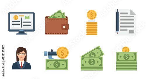 Business woman handling money and documents.