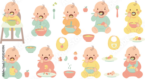 Baby Eating and Self Feeding Vector Set with Infants Using Spoon Bowl Bib and Healthy Food for Child Nutrition and Mealtime Illustration.