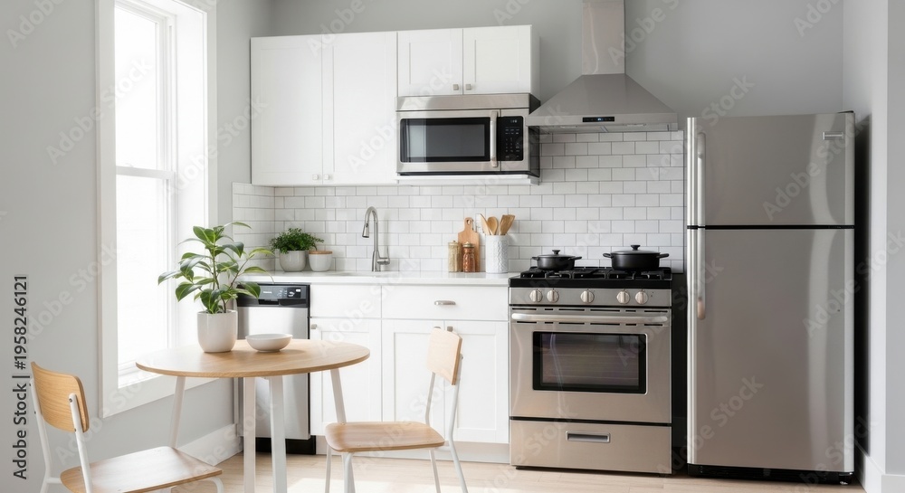 Fototapeta premium Compact White Subway Tile Kitchen with Stainless Steel Appliances and Modern Furniture