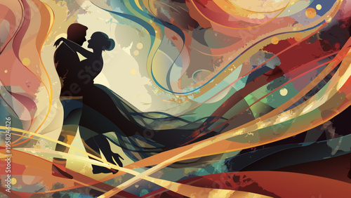 A couple is dancing together in a romantic embrace