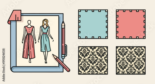 Fashion design illustration with fabrics.