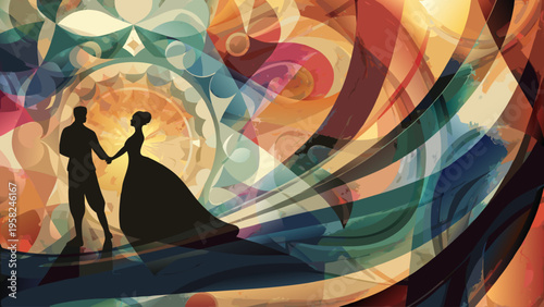 Silhouette of a couple holding hands in a wedding dress