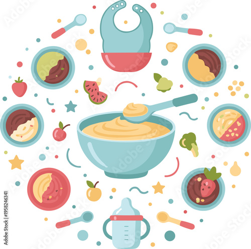 Baby Food Puree Circular Composition Vector Illustration with Bowl Spoon Fruits Vegetables and Healthy Infant Nutrition Elements.