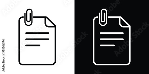 Vector icon of a lined document with a paperclip and pencil. Professional symbol for writing reports, task lists, and office organization. Available in high-contrast black and white versions.