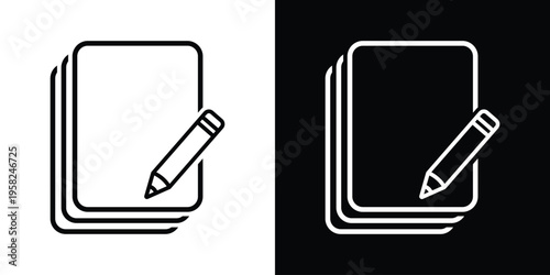 Minimalist vector icon of stacked paper sheets and a pencil. Symbol for multi-page documents, file editing, and content creation. Perfect for office administration and publishing UI design.