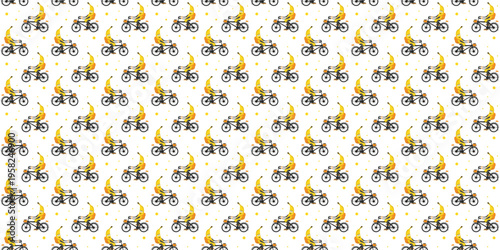 Banana character riding bicycle seamless pattern for food delivery. Courier pattern