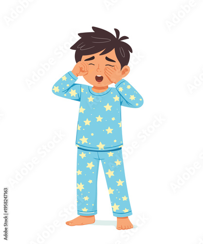 Kid stretching after waking up. Little boy stretching body after sleep, morning exercise and healthy lifestyle, cute flat vector illustration.