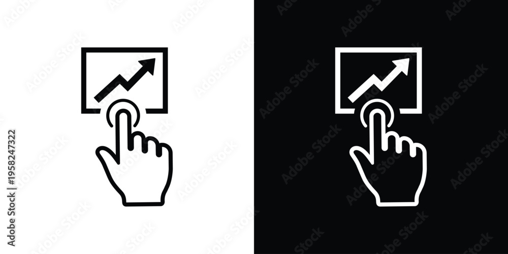 Fototapeta premium Icon showing a hand touching an upward-pointing arrow on a screen. Symbol for business growth, analytics tracking, and financial success. Modern interface graphic for profit and progress.