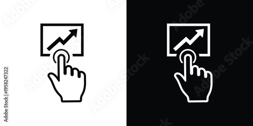 Icon showing a hand touching an upward-pointing arrow on a screen. Symbol for business growth, analytics tracking, and financial success. Modern interface graphic for profit and progress.