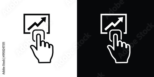 Icon showing a hand touching an upward-pointing arrow on a screen. Symbol for business growth, analytics tracking, and financial success. Modern interface graphic for profit and progress.