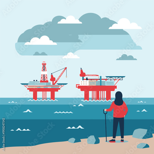 Person observing offshore oil rigs from shore.