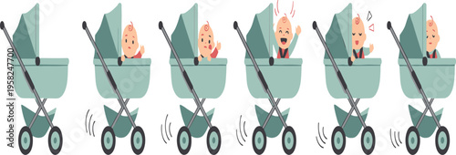 Baby in Stroller Motion Sequence Vector Illustration with Infant Riding Pram Moving and Expressing Different Emotions for Childcare Design.