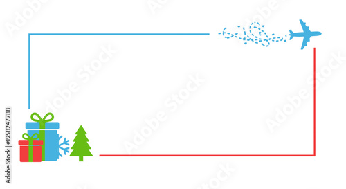 Christmas Travel Border with Airplane, Gifts, and Tree
