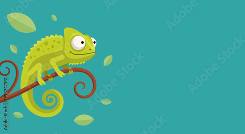 Cute cartoon chameleon on a branch with leaves, vector illustration