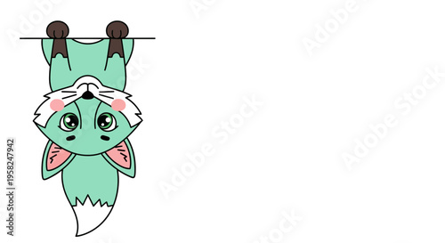 Cute cartoon fox hanging upside down, playful and whimsical illustration
