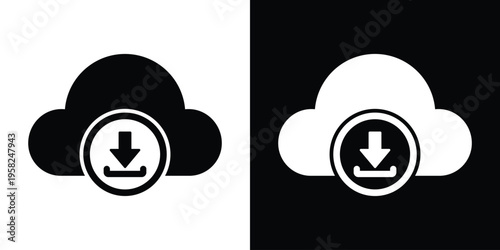 A minimalist cloud icon featuring a downward arrow inside a circle. Ideal for representing data downloading, cloud synchronization, file saving, and digital information retrieval symbols.
