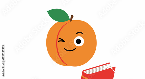 Cute cartoon peach character winking and reading a book