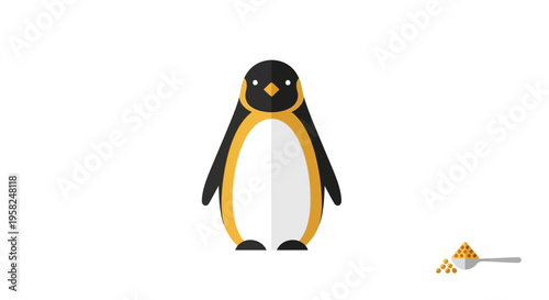 Cute Penguin Character with Spoonful of Grains, Isolated on White Background